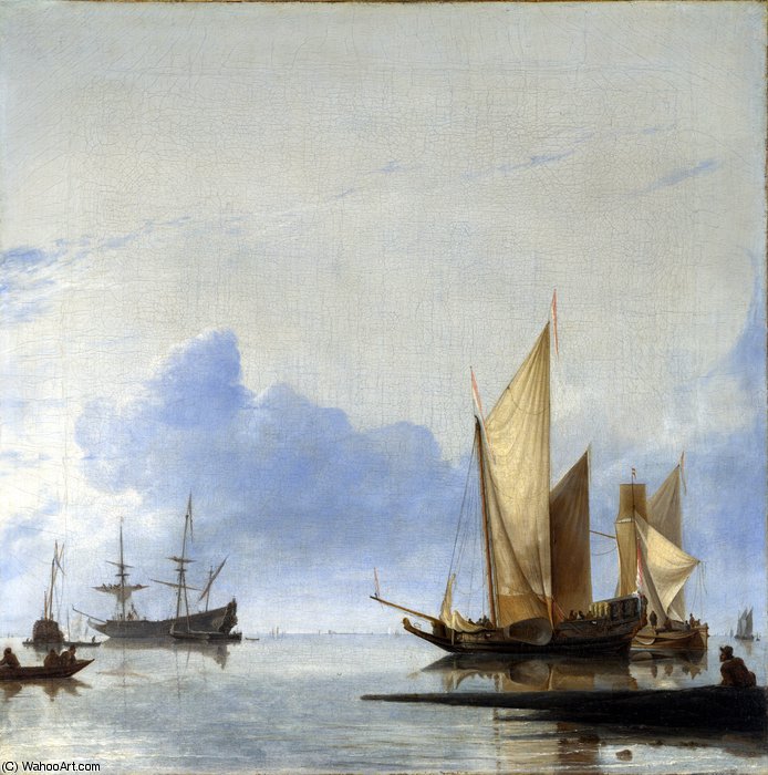 Wikioo.org - สารานุกรมวิจิตรศิลป์ - จิตรกรรม Hendrik Jakobsz Dubbels - A Dutch Yacht and Other Vessels Becalmed near the Shore