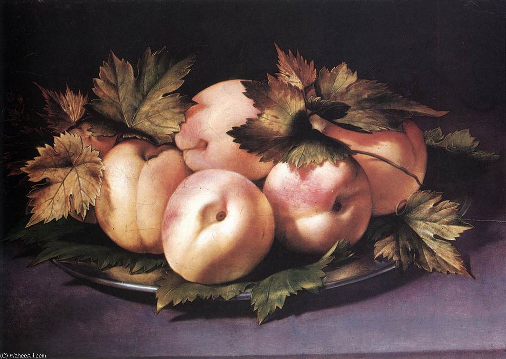 Wikioo.org - Bách khoa toàn thư về mỹ thuật - Vẽ tranh, Tác phẩm nghệ thuật Giovanni Ambrogio Figino - Still-life with Peaches and Fig-leaves