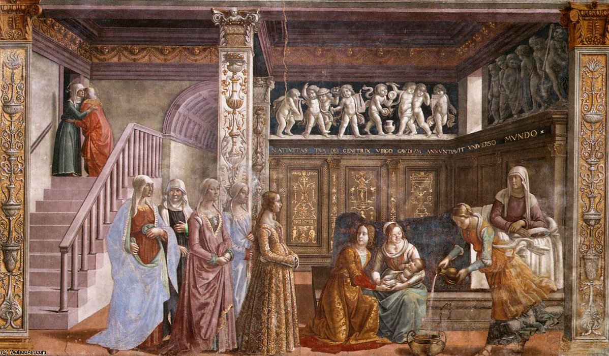 Wikioo.org - The Encyclopedia of Fine Arts - Painting, Artwork by Domenico Ghirlandaio - 1.leftt wall - Birth of Mary