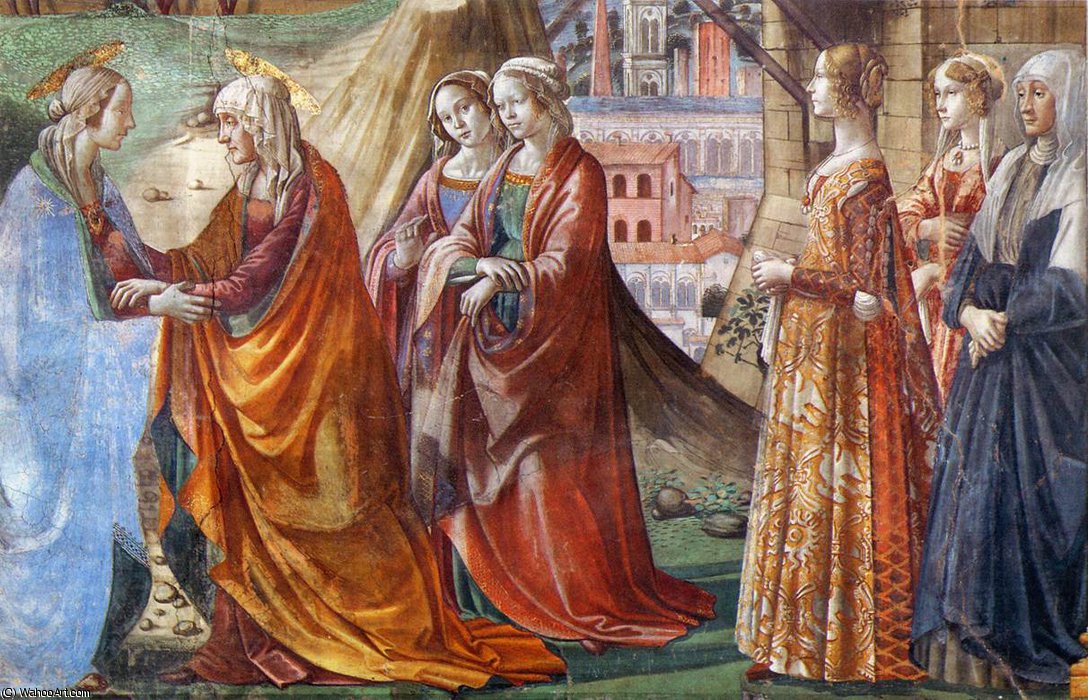 Wikioo.org - The Encyclopedia of Fine Arts - Painting, Artwork by Domenico Ghirlandaio - 2.right wall - Visitation (detail)