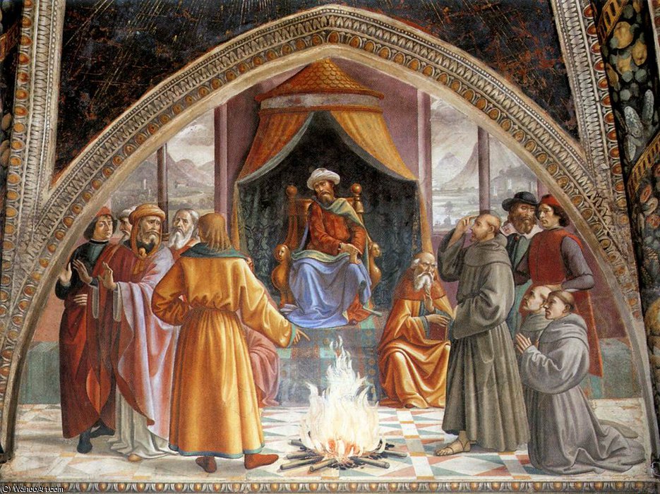 Wikioo.org – L'Enciclopedia delle Belle Arti - Pittura, Opere di Domenico Ghirlandaio - affreschi - Prova di fuoco prima che il sultano