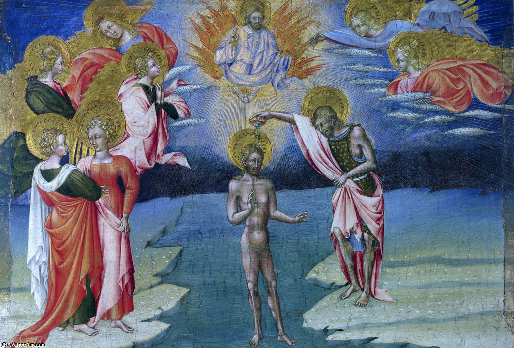 Wikoo.org - موسوعة الفنون الجميلة - اللوحة، العمل الفني Giovanni Di Paolo - The Baptism of Christ - Predella Panel