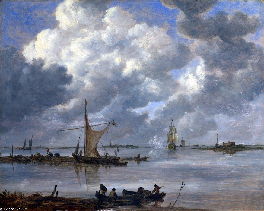 Wikioo.org - The Encyclopedia of Fine Arts - Painting, Artwork by Jan Van Goyen - An Estuary with Fishing Boats and Two Frigates