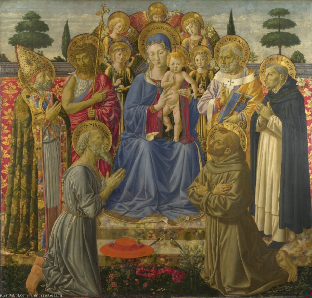 Wikioo.org - The Encyclopedia of Fine Arts - Painting, Artwork by Benozzo Gozzoli - The Virgin and Child Enthroned among Angels and Saints