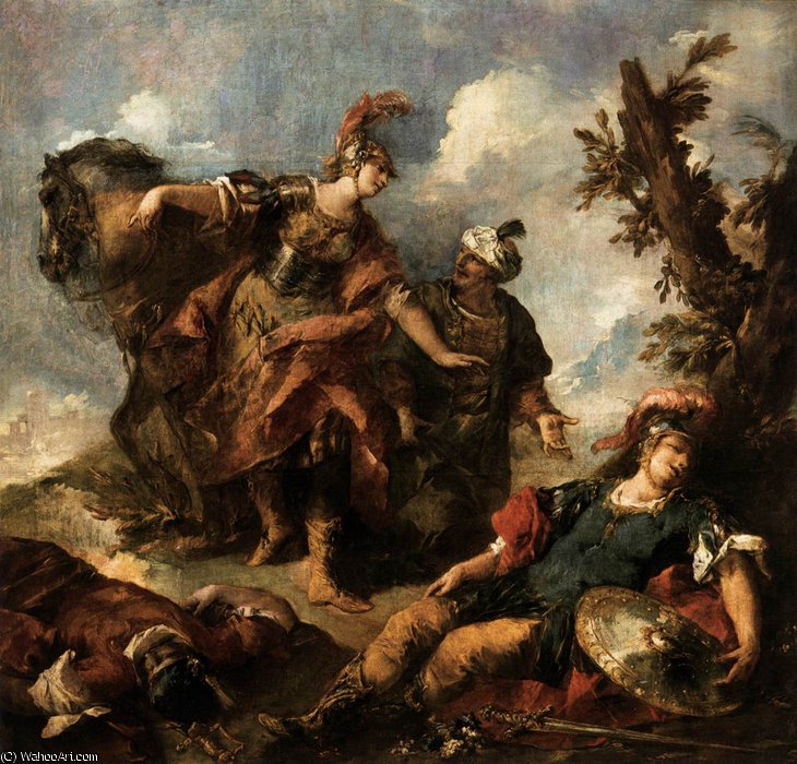 Wikioo.org - The Encyclopedia of Fine Arts - Painting, Artwork by Gianantonio Guardi - Herminia and Vafrino Find the Wounded Tancred