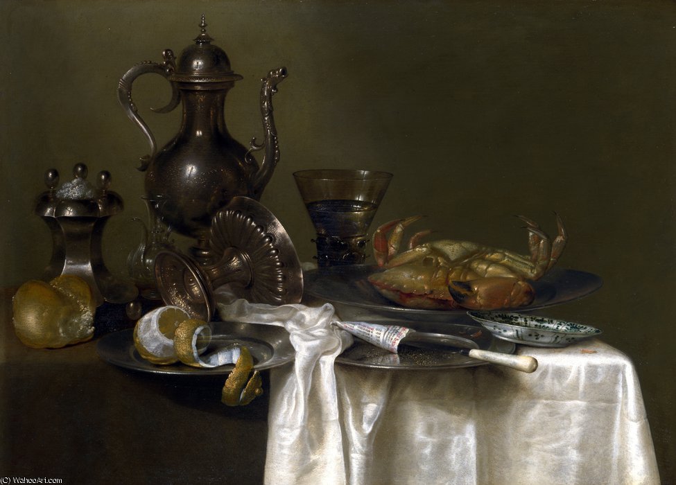 WikiOO.org - Encyclopedia of Fine Arts - Maľba, Artwork Willem Claesz Heda - Still Life - Pewter and Silver Vessels and a Crab