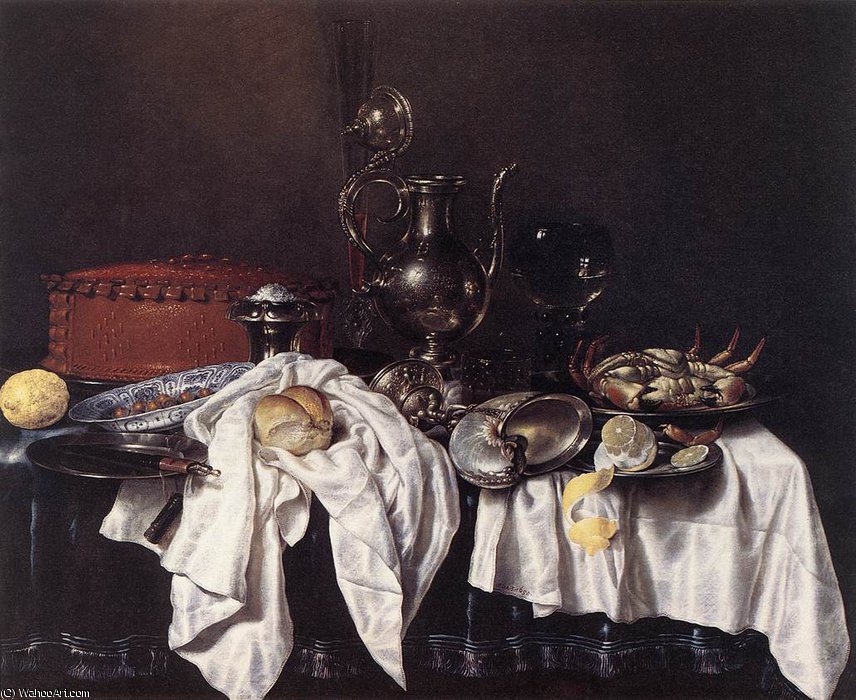 Wikioo.org - The Encyclopedia of Fine Arts - Painting, Artwork by Willem Claesz Heda - Still-Life with Pie, Silver Ewer and Crab