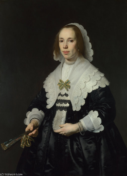 Wikioo.org - The Encyclopedia of Fine Arts - Painting, Artwork by Bartholomeus Van Der Helst - Portrait of a Lady in Black Satin with a Fan