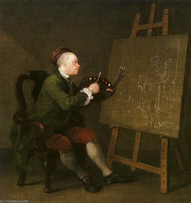 Wikioo.org - Die Enzyklopädie bildender Kunst - Malerei, Kunstwerk von William Hogarth - selbstporträt bei  der  staffelei