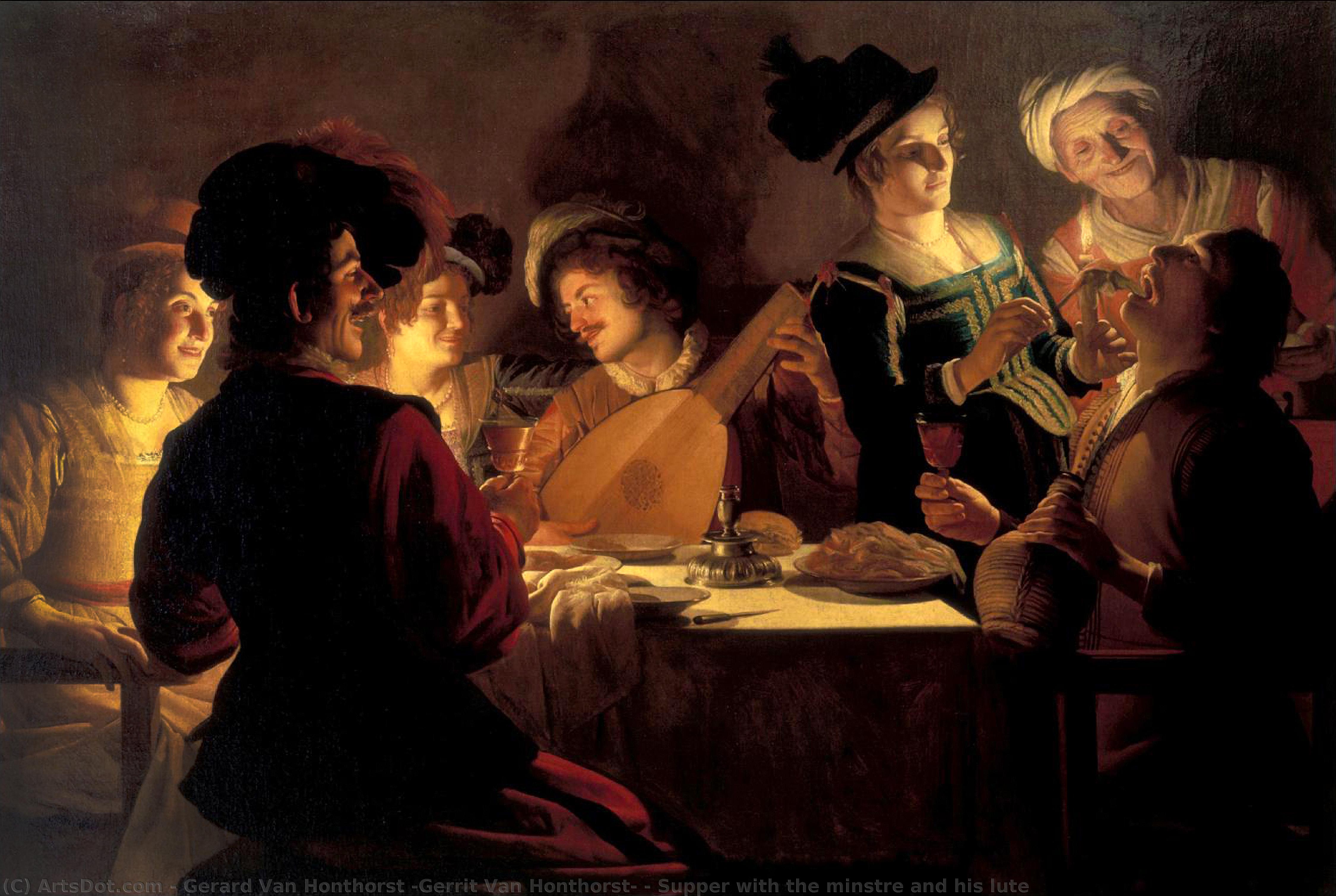 Wikioo.org - The Encyclopedia of Fine Arts - Painting, Artwork by Gerard Van Honthorst (Gerrit Van Honthorst) - Supper with the minstre and his lute / Merry company with a Lute Player