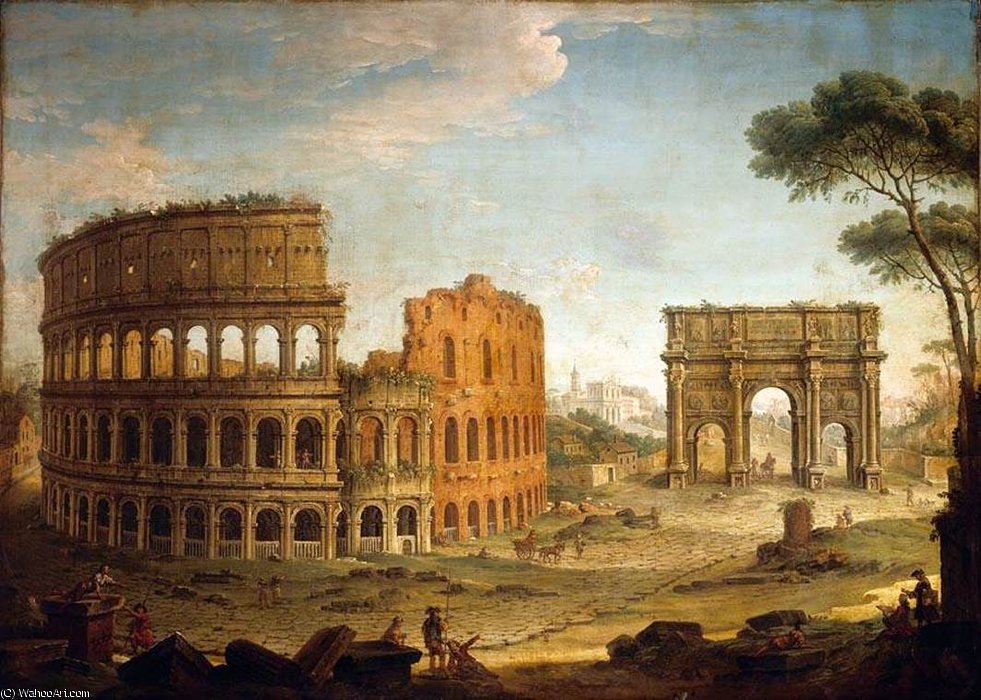 WikiOO.org - 백과 사전 - 회화, 삽화 Antonio Joli - View of the Colosseum and The Arch of Constantine