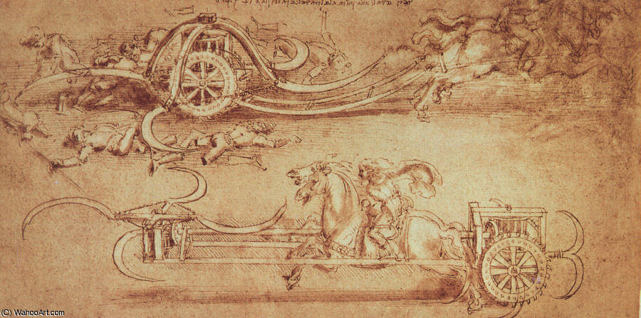 Wikoo.org - موسوعة الفنون الجميلة - اللوحة، العمل الفني Leonardo Da Vinci - Drawing of an Assault Chariot with Scythes