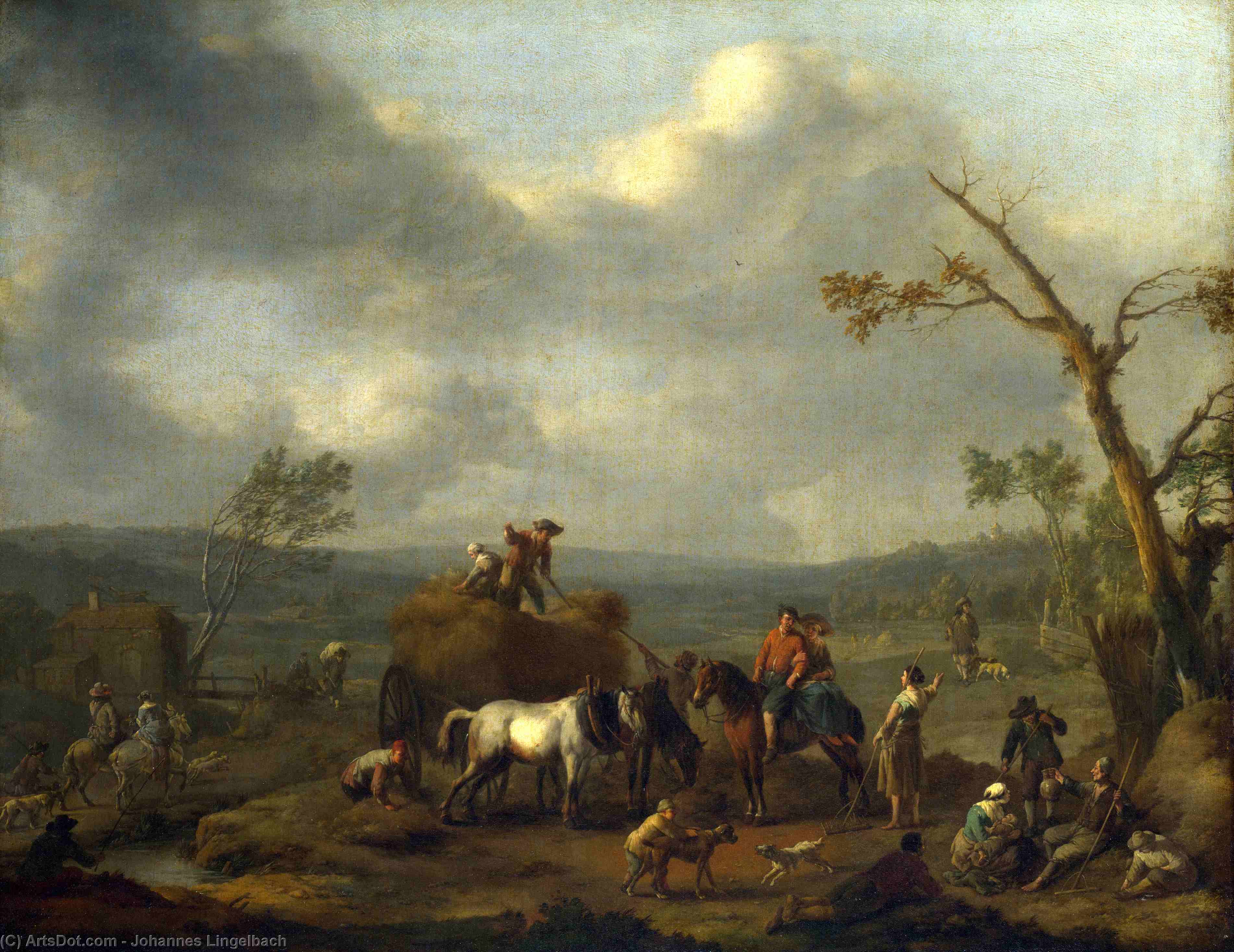 WikiOO.org - Енциклопедия за изящни изкуства - Живопис, Произведения на изкуството Johannes Lingelbach - Peasants loading a Hay Cart