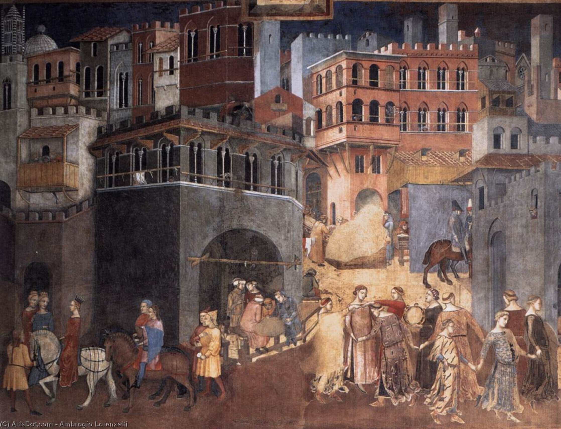 Wikioo.org - The Encyclopedia of Fine Arts - Painting, Artwork by Ambrogio Lorenzetti - Good and Bad-Effects of Good Government on the City Life (detail)2