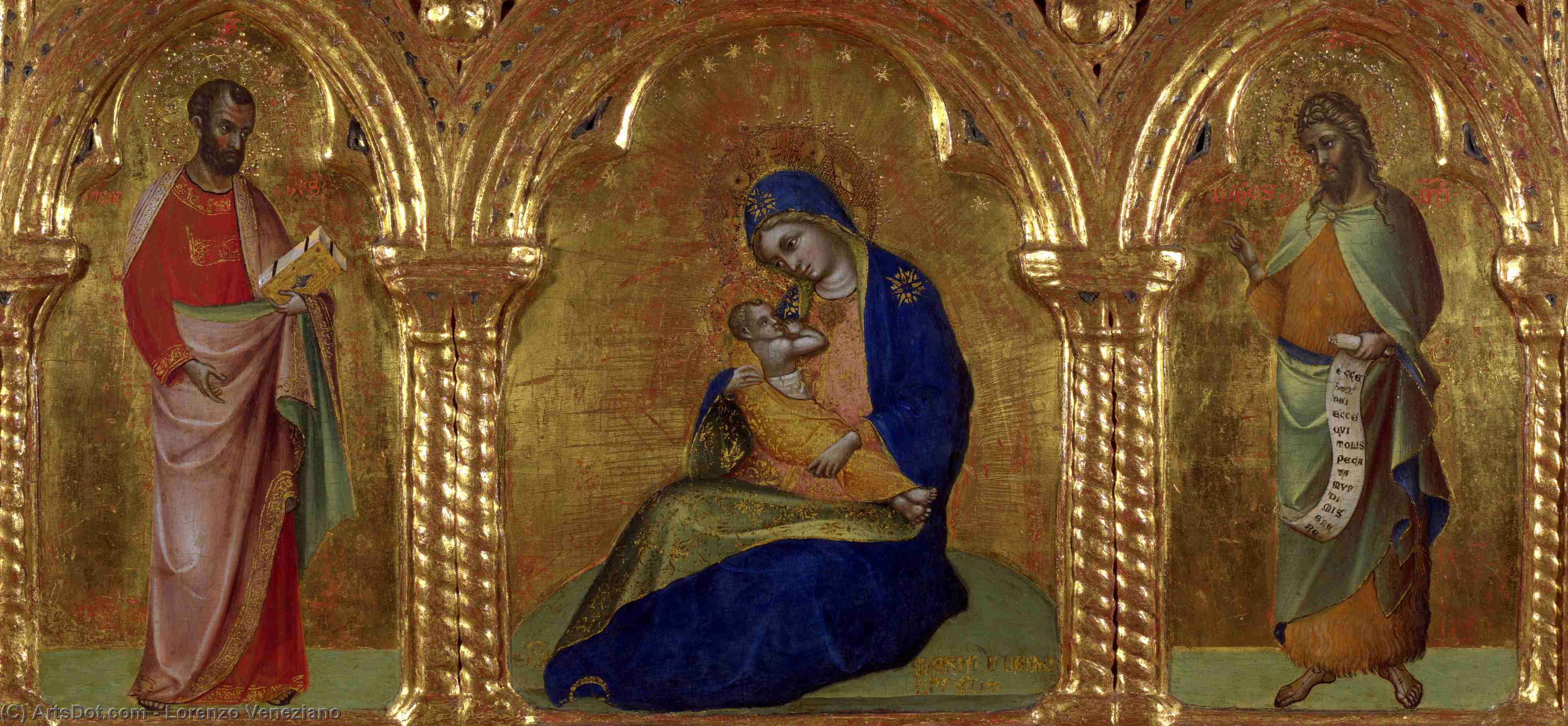 WikiOO.org - Enciklopedija dailės - Tapyba, meno kuriniai Lorenzo Veneziano - The Madonna of Humility with Saints Mark and John