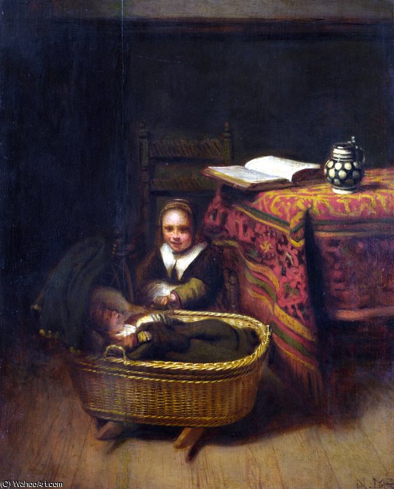 WikiOO.org - Encyclopedia of Fine Arts - Maleri, Artwork Nicolaes Maes - A Little Girl rocking a Cradle