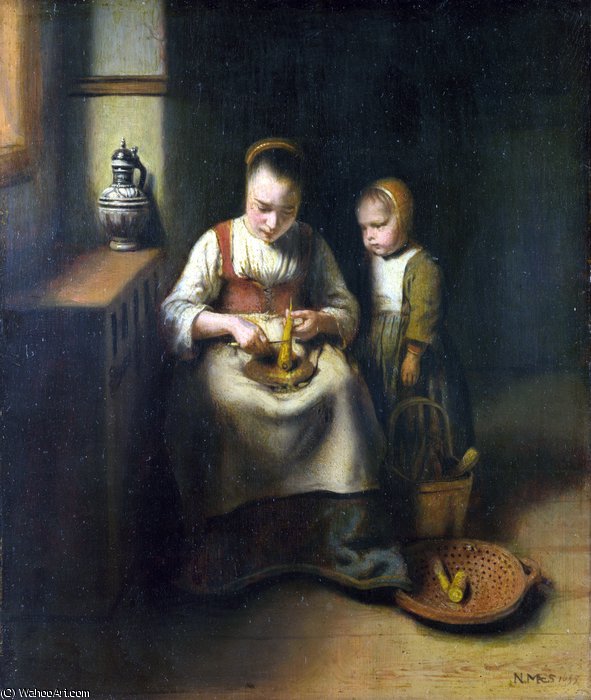 Wikioo.org - The Encyclopedia of Fine Arts - Painting, Artwork by Nicolaes Maes - A Woman scraping Parsnips, with a Child standing by her