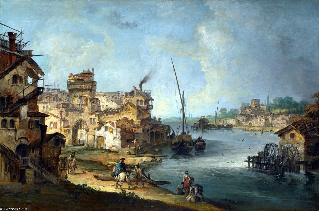 Wikioo.org - The Encyclopedia of Fine Arts - Painting, Artwork by Michele Giovanni Marieschi - Buildings and Figures near a River with Shipping