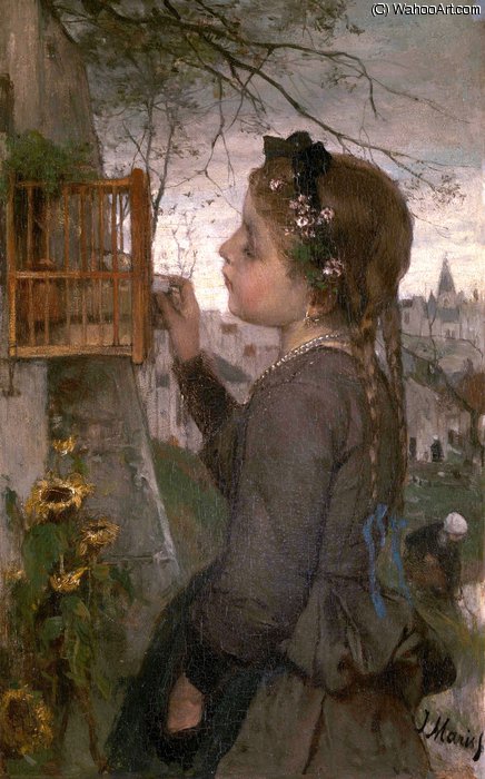 Wikioo.org - The Encyclopedia of Fine Arts - Painting, Artwork by Jacob Henricus Maris - A Girl feeding a Bird in a Cage