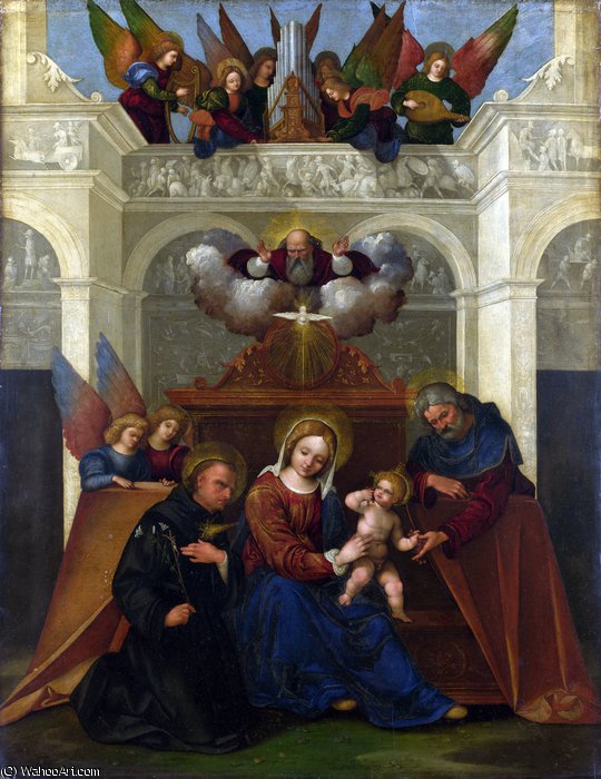 Wikioo.org - The Encyclopedia of Fine Arts - Painting, Artwork by Ludovico Mazzolino - The Holy Family with Saint Nicholas of Tolentino