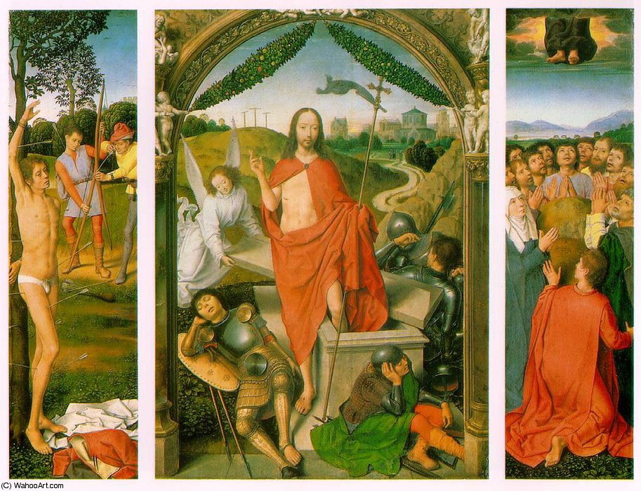 Wikioo.org - The Encyclopedia of Fine Arts - Painting, Artwork by Hans Memling - The Resurrection, with the Martyrdom of Saint Sebast