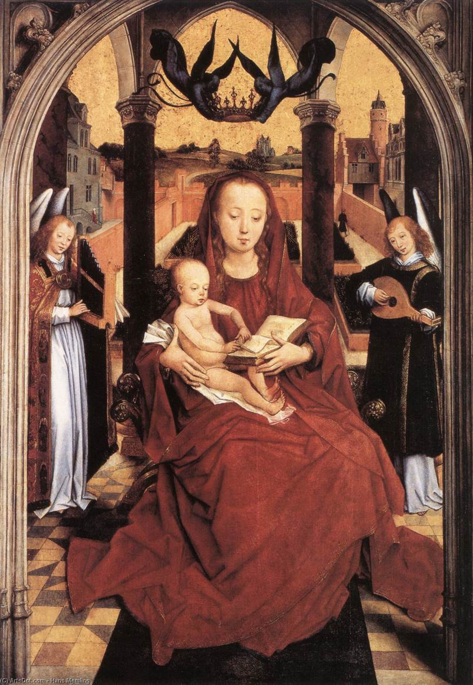Wikioo.org - The Encyclopedia of Fine Arts - Painting, Artwork by Hans Memling - early - Virgin and Child Enthroned with two Musical Angels