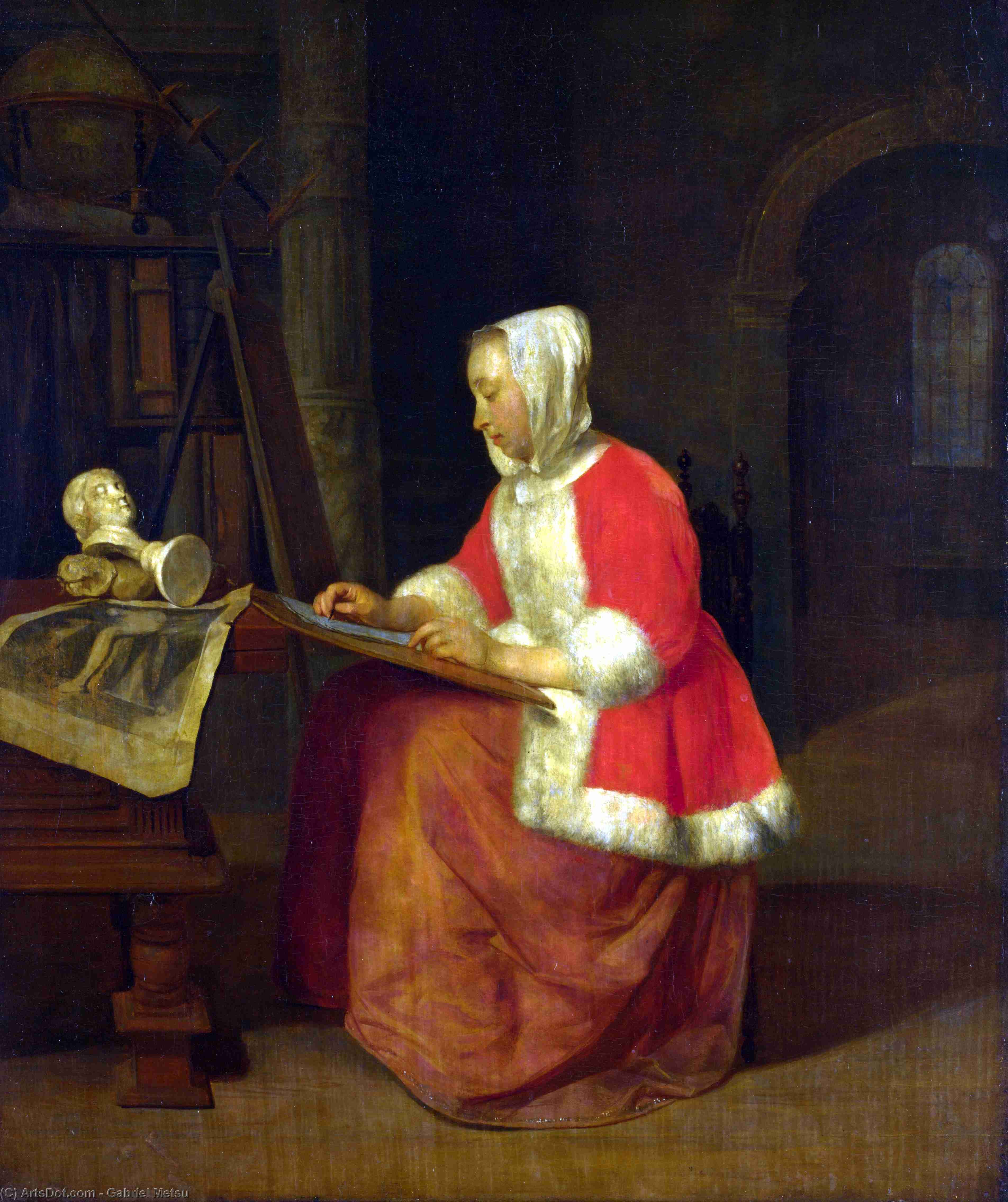 Wikioo.org - The Encyclopedia of Fine Arts - Painting, Artwork by Gabriel Metsu - A Young Woman seated drawing