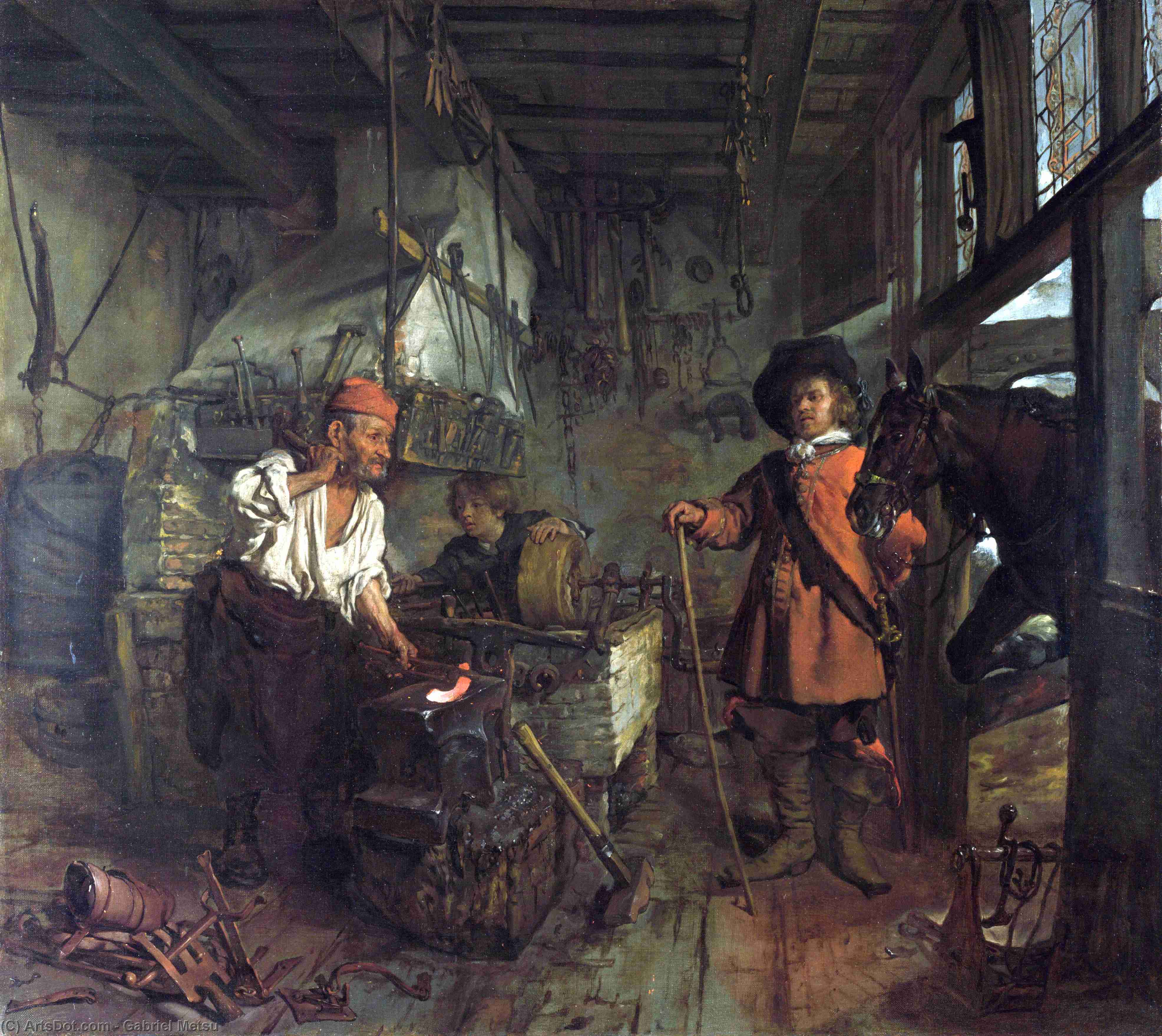 Wikioo.org - The Encyclopedia of Fine Arts - Painting, Artwork by Gabriel Metsu - The Interior of a Smithy