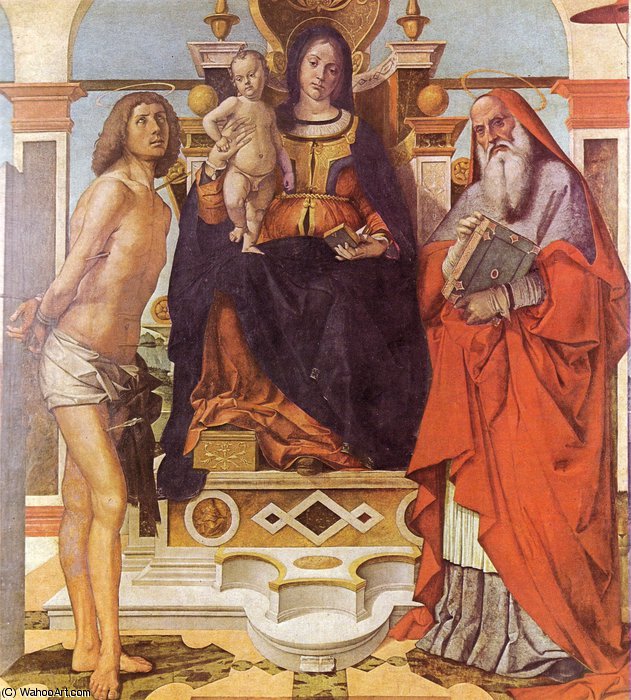Wikoo.org - موسوعة الفنون الجميلة - اللوحة، العمل الفني Bartolomeo Montagna - The Virgin St Sebastiano and St Girolamo