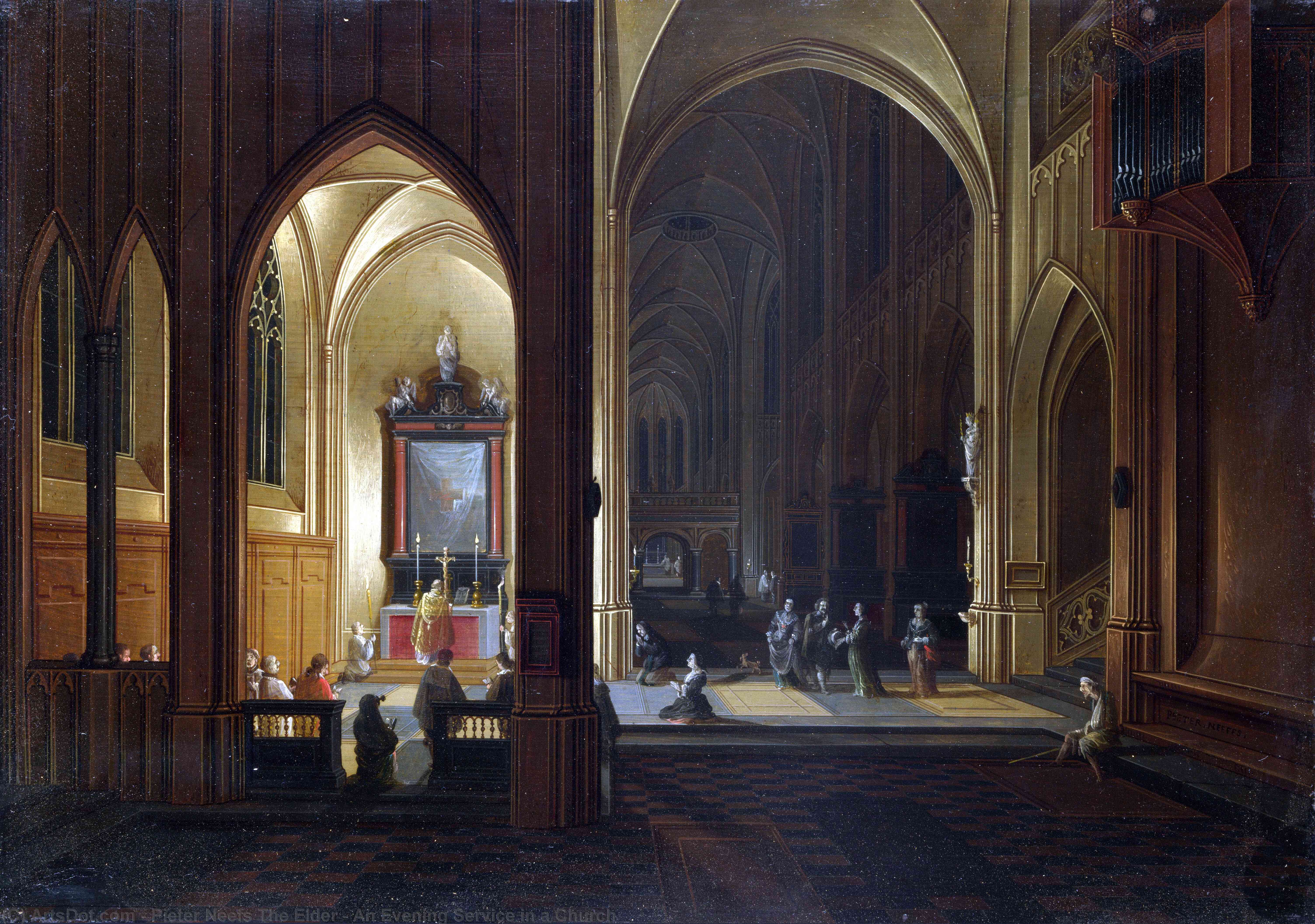 Wikioo.org - The Encyclopedia of Fine Arts - Painting, Artwork by Pieter Neefs The Elder - An Evening Service in a Church