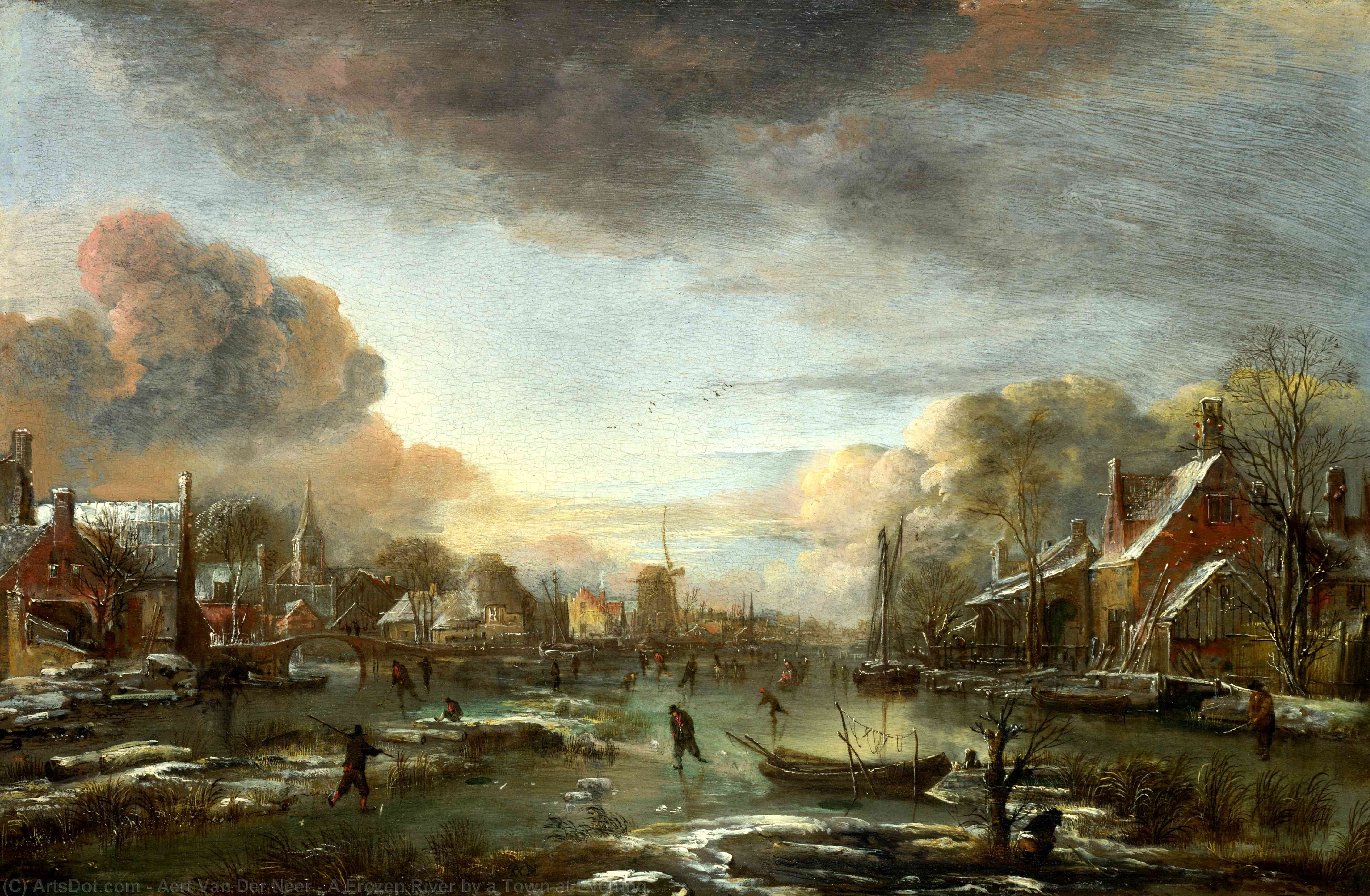 Wikioo.org - The Encyclopedia of Fine Arts - Painting, Artwork by Aert Van Der Neer - A Frozen River by a Town at Evening