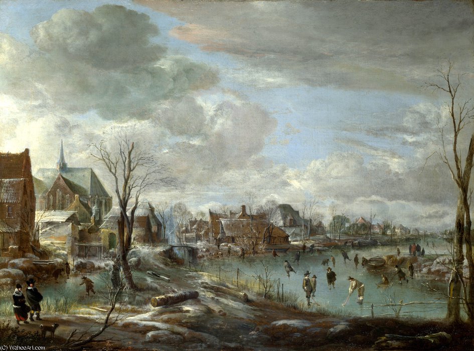 Wikioo.org - The Encyclopedia of Fine Arts - Painting, Artwork by Aert Van Der Neer - A Frozen River near a Village, with Golfers and Skaters