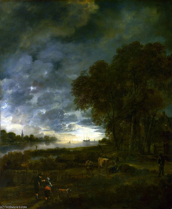 Wikioo.org - The Encyclopedia of Fine Arts - Painting, Artwork by Aert Van Der Neer - A Landscape with a River at Evening