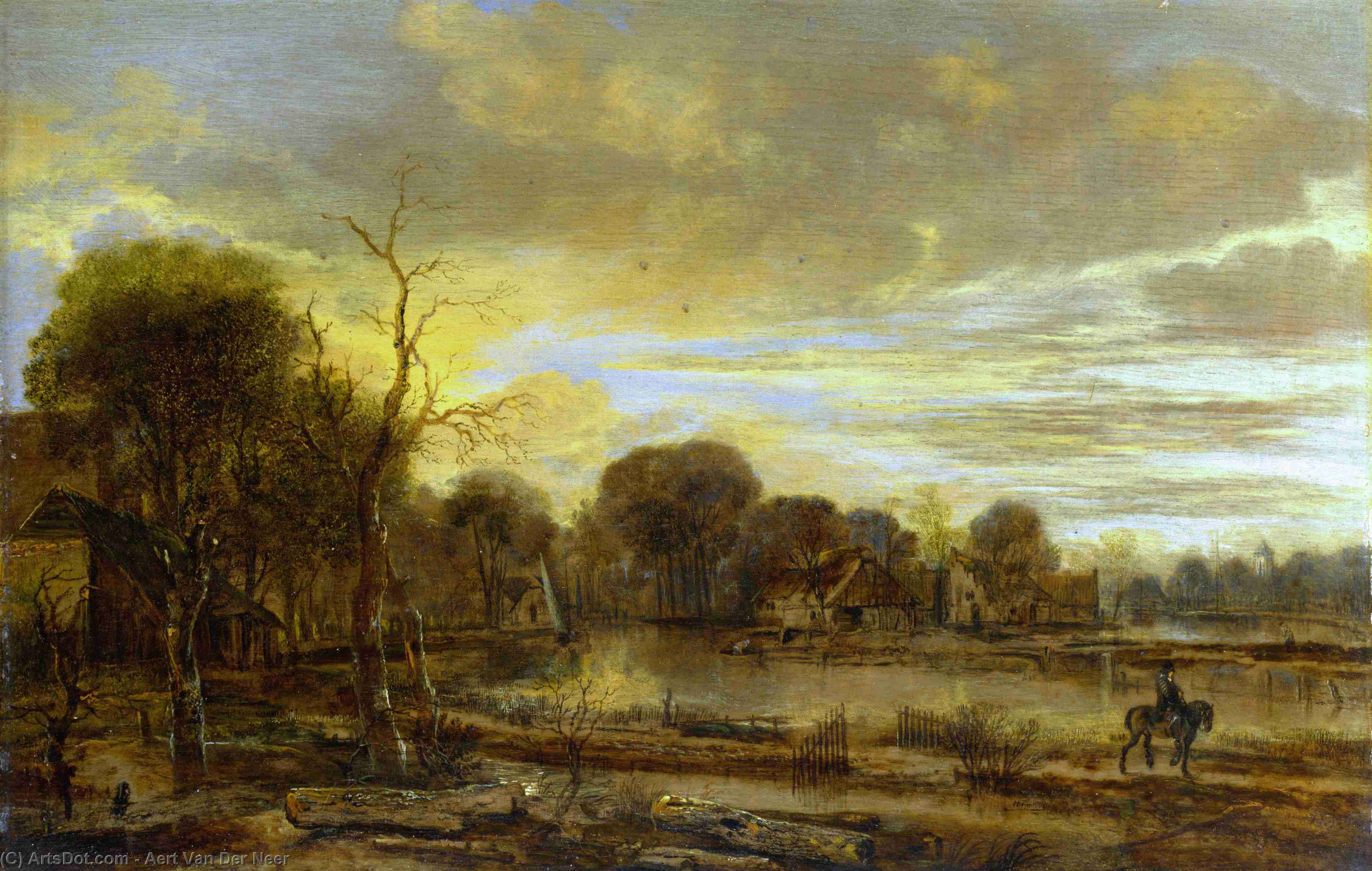 Wikioo.org - The Encyclopedia of Fine Arts - Painting, Artwork by Aert Van Der Neer - A River Landscape with a Village