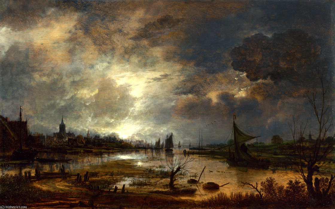 WikiOO.org - Encyclopedia of Fine Arts - Festés, Grafika Aert Van Der Neer - A River near a Town, by Moonlight