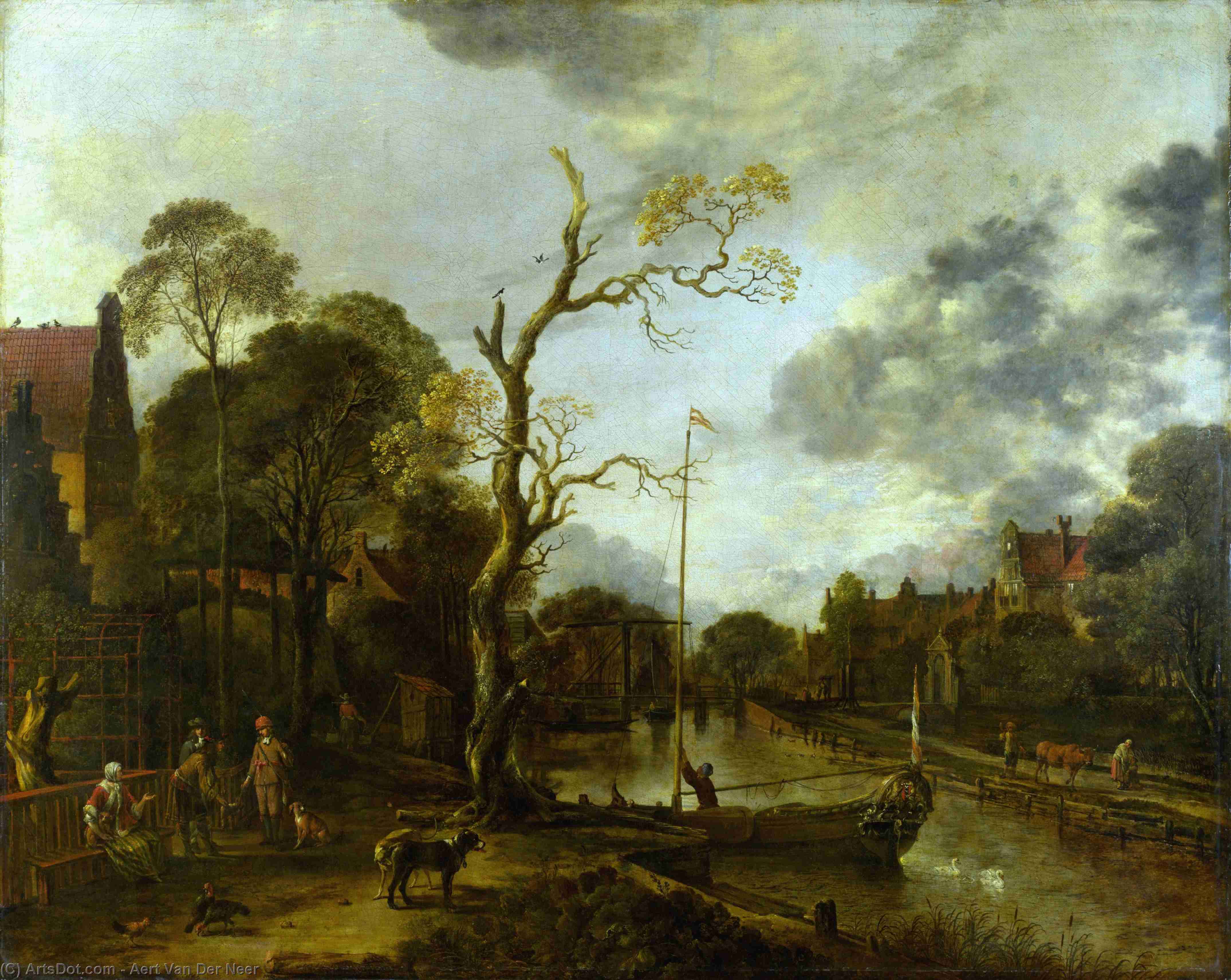 Wikioo.org - The Encyclopedia of Fine Arts - Painting, Artwork by Aert Van Der Neer - A View along a River near a Village at Evening