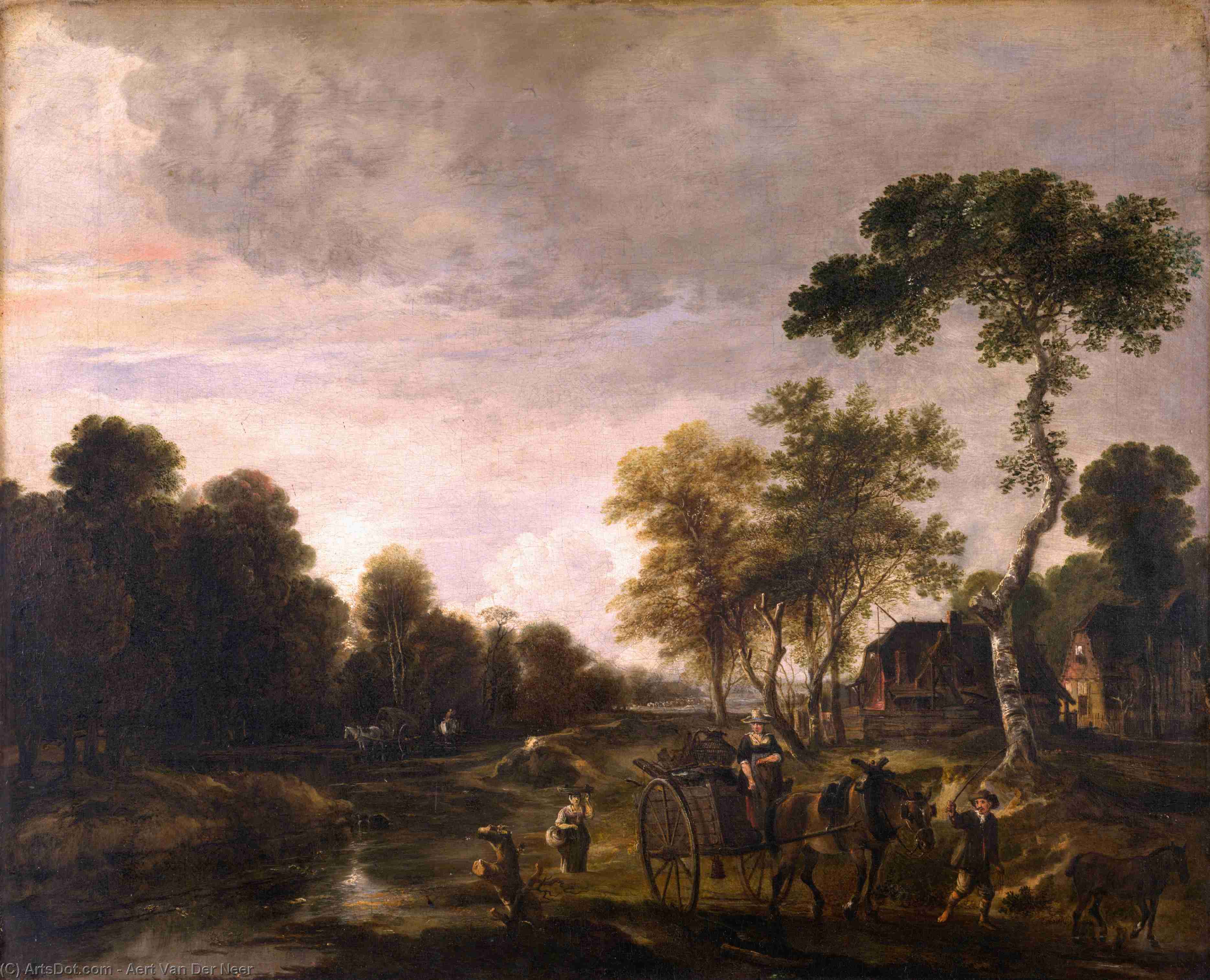 Wikioo.org - The Encyclopedia of Fine Arts - Painting, Artwork by Aert Van Der Neer - An Evening Landscape with a Horse and Cart by a Stream