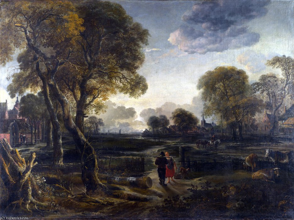Wikioo.org - The Encyclopedia of Fine Arts - Painting, Artwork by Aert Van Der Neer - An Evening View near a Village