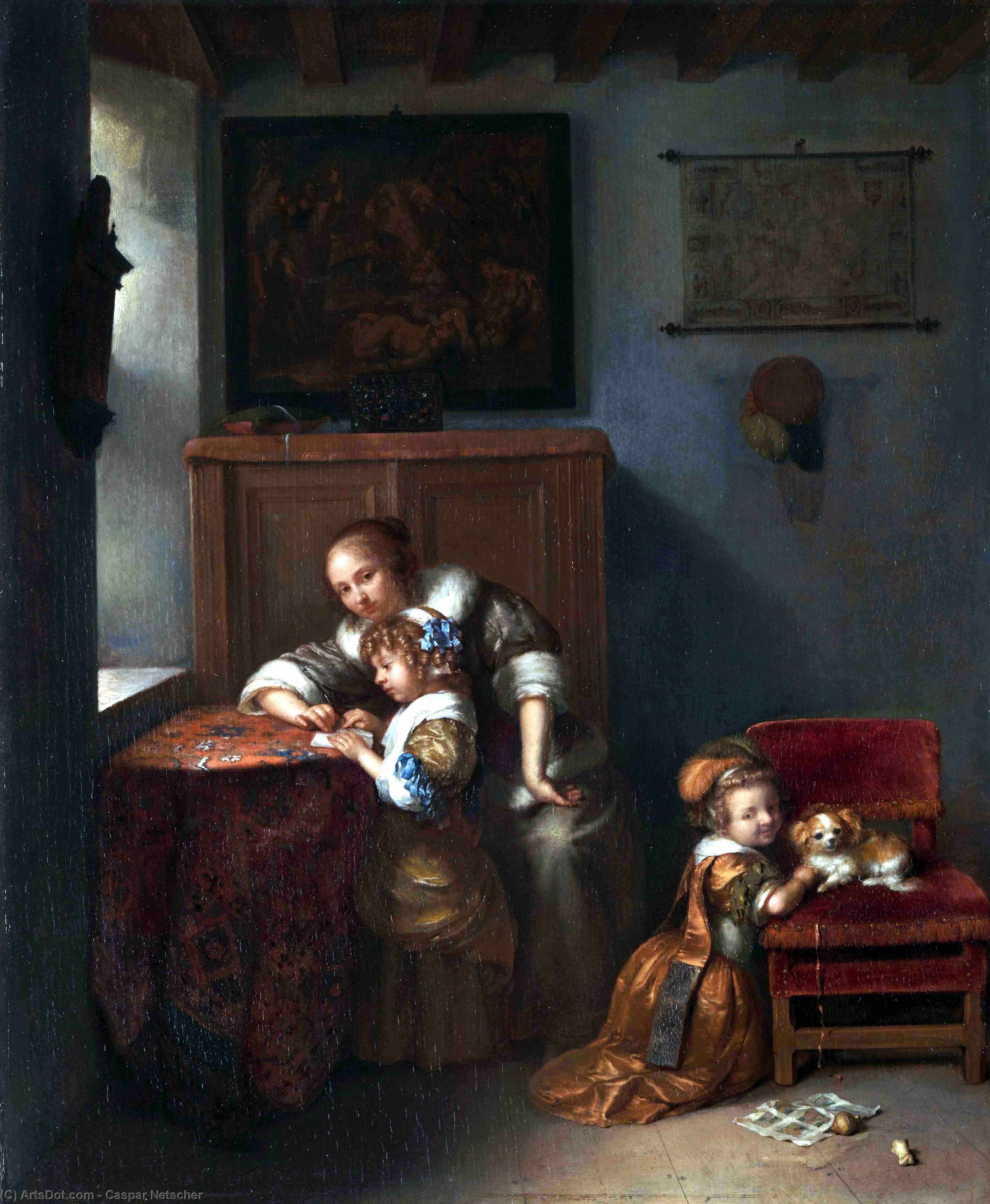 Wikioo.org - The Encyclopedia of Fine Arts - Painting, Artwork by Caspar Netscher - A Lady teaching a Child to Read
