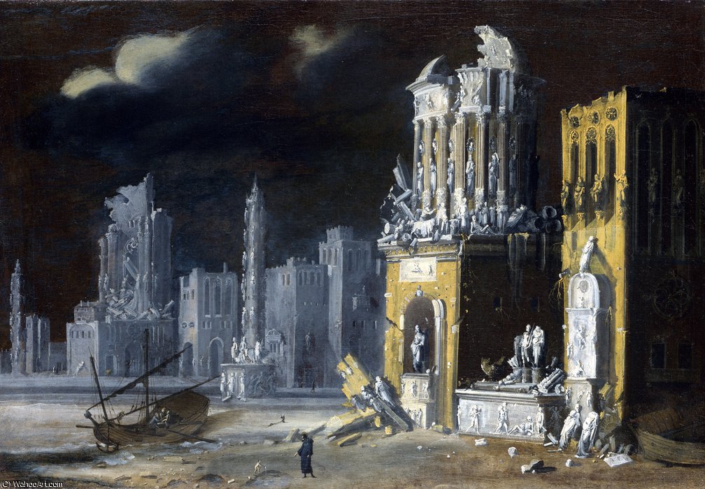 Wikioo.org - The Encyclopedia of Fine Arts - Painting, Artwork by François De Nomé - Fantastic Ruins with Saint Augustine and the Child