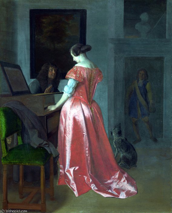 Wikioo.org - The Encyclopedia of Fine Arts - Painting, Artwork by Jacob Ochtervelt - A Woman standing at a Harpsichord, a Man seated by her