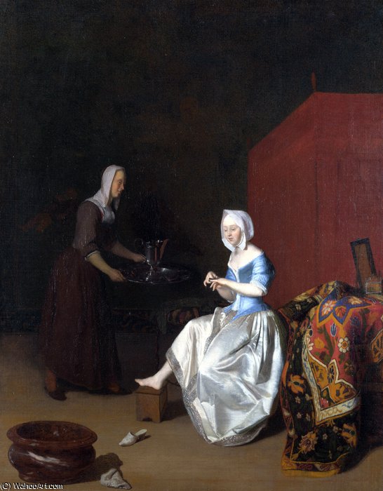Wikioo.org - The Encyclopedia of Fine Arts - Painting, Artwork by Jacob Ochtervelt - A Young Lady Trimming her Fingernails
