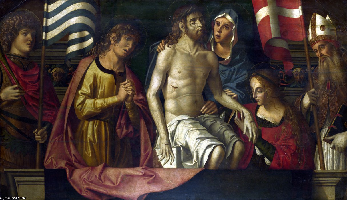Wikioo.org - The Encyclopedia of Fine Arts - Painting, Artwork by Marco Palmezzano - The Dead Christ with the Virgin and Saints