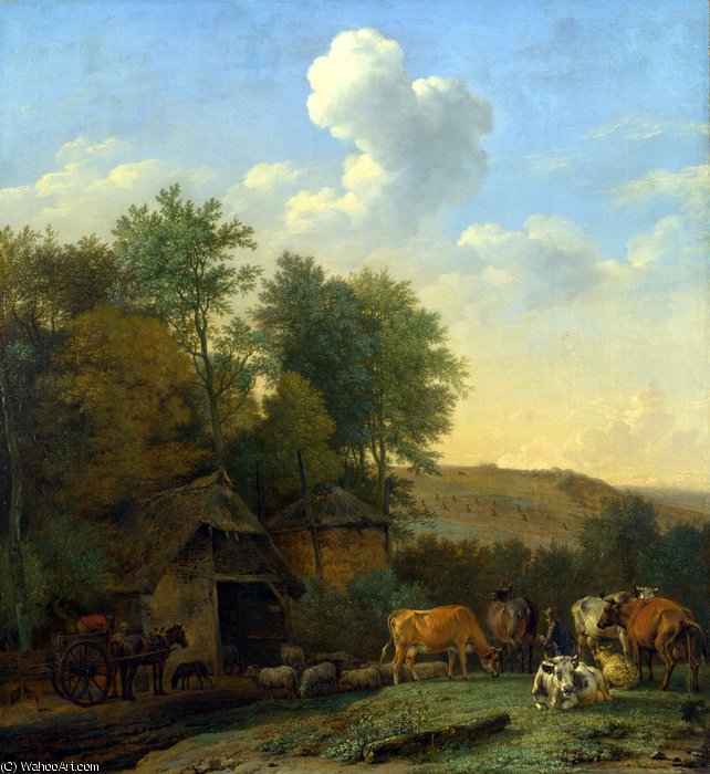 WikiOO.org - Enciclopédia das Belas Artes - Pintura, Arte por Paulus Potter - A Landscape with Cows, Sheep and Horses by a Barn