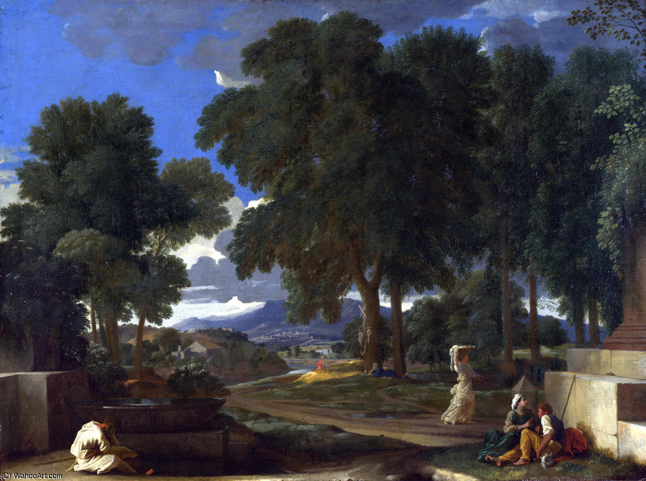 Wikioo.org - The Encyclopedia of Fine Arts - Painting, Artwork by Nicolas Poussin - Landscape with a Man washing his Feet at a Fountain