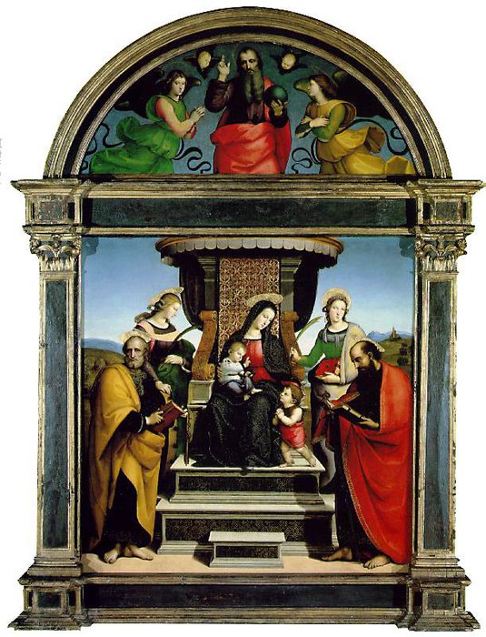 Wikioo.org - The Encyclopedia of Fine Arts - Painting, Artwork by Raphael (Raffaello Sanzio Da Urbino) - Madonna child enthroned with saints