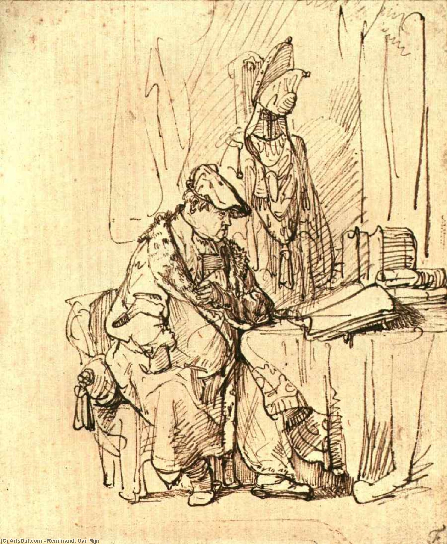 Wikioo.org – L'Encyclopédie des Beaux Arts - Peinture, Oeuvre de Rembrandt Van Rijn - un homme assis à une table Recouvert de Livres ,