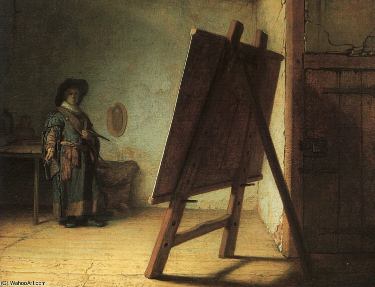 Wikoo.org - موسوعة الفنون الجميلة - اللوحة، العمل الفني Rembrandt Van Rijn - Artist in his studio, oil on panel