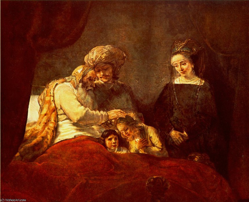 Wikioo.org - สารานุกรมวิจิตรศิลป์ - จิตรกรรม Rembrandt Van Rijn - Jacob blesses the sons of joseph gemäldegaler