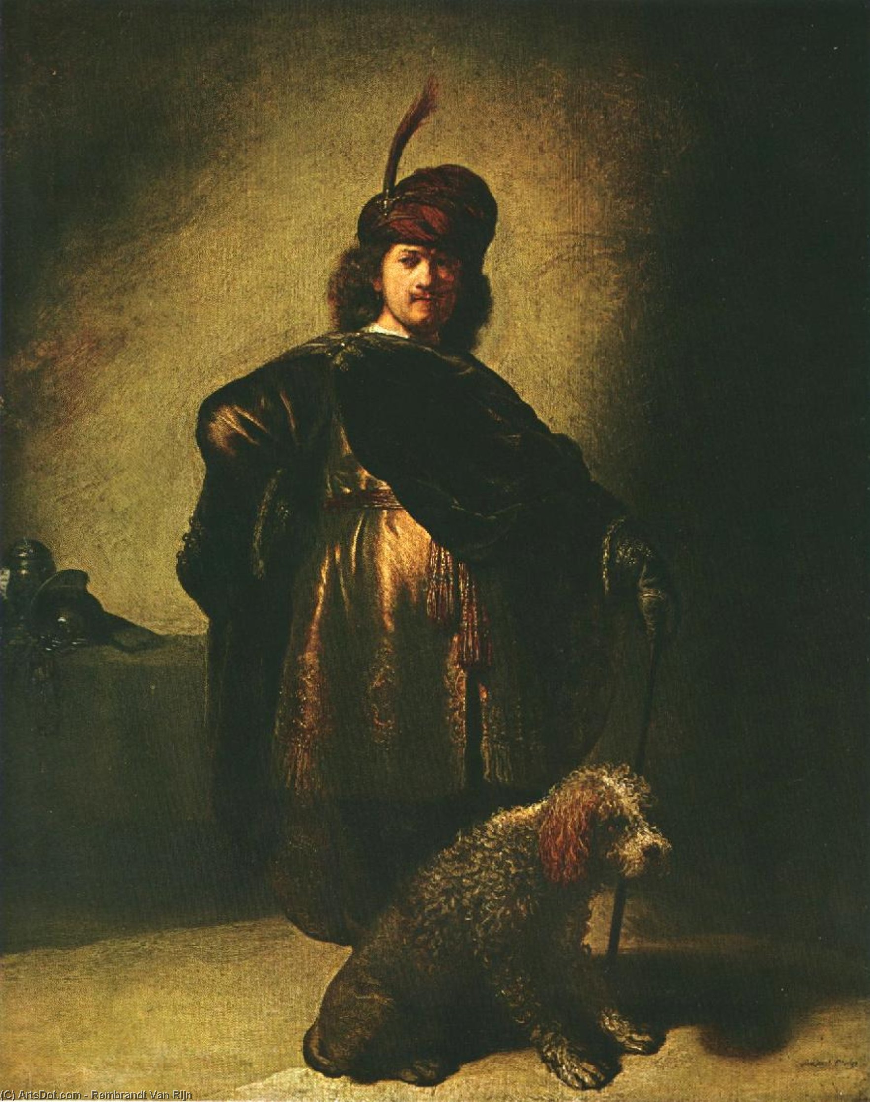 Wikioo.org – La Enciclopedia de las Bellas Artes - Pintura, Obras de arte de Rembrandt Van Rijn - retrato en el con traje oriental  Un  perro